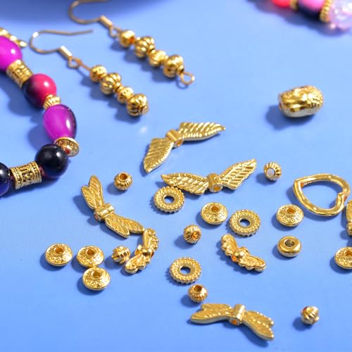 400Pcs Metal Spacer Beads for Jewelry Making, Silver & Gold Plated Findings for Bracelet, Small Hole, Mixed Style (Gold Plated) - color: Gold