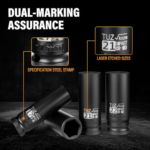 4 Pieces 1/2 inch Drive Deep Impact Socket Set,Metric,17mm 19mm 21mm 22mm,Cr-Mo,6-Point,Spindle Axle Nut Impact Socket - size: 1/2" Deep 4pc