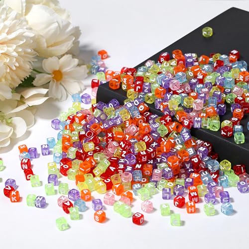 ZHIYUXI 1500pcs Acrylic Beads - White Letter, Mixed Color Cube, Alphabet Beads for Jewelry Making, Friendship Bracelets, Necklaces (6 x 6mm) - color: E# White Letter Mixed Color Beads