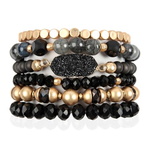 RIAH FASHION Bohemian Acrylic Druzy Multi-Layer Bead Statement Bracelet - Versatile Faux Stone Pendant Stretch Strand Stackable Cuff Bangle Set Sparkly Crystal - color: Bohemian Oval Druzy Set - Black