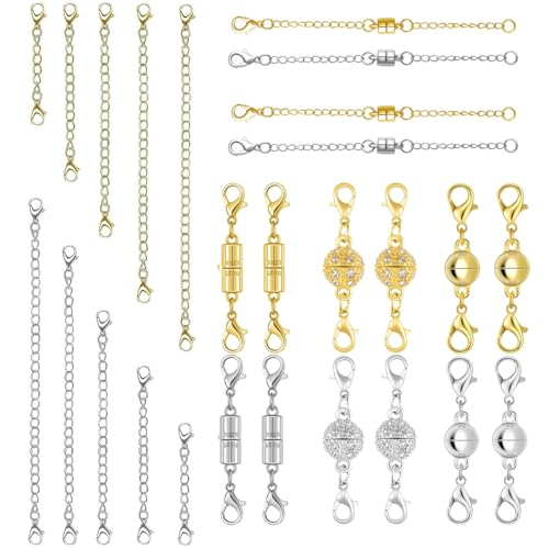 Magnetic Necklace Clasps and Closures with Extender Chain Set, Magnetic Necklace Clasp & Extender Chain Set, Easy to Use for Necklaces and Bracelets, Gold and Silver (26pcs) - color: 26pcs