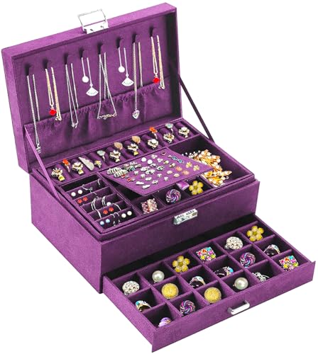 QBestry 3-Layer Jewelry Box for Women with Lock and Key & Drawer, Large Jewelry Organizer with 8 Necklace Hooks & 56 Earring Holes, Purple Velvet Jewelry Storage Box for Necklace Earring Ring Bracelet - color: Purple