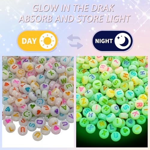 Looconi 1400pcs Colorful Letter Beads that Glow in the Dark 7x4mm Alphabet A-Z and Smiley Heart Beads for Jewelry Bracelet Making - color: Glow-colors