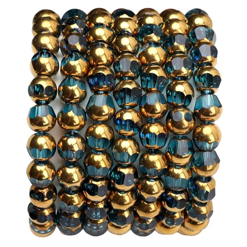 Glass Round Beads Peacock Blue Octagon Faceted 8x7mm 42pcs Golden Edge Crystal Loose Beads for DIY Craft Jewelry Making - color: Peacock Blue, size: 8*7mm