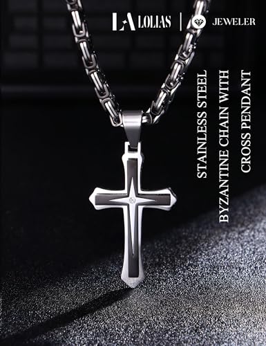 LOLIAS Black 14K Gold Plated 𝐂𝐫𝐨𝐬𝐬 𝐍𝐞𝐜𝐤𝐥𝐚𝐜𝐞 for Men Stainless Steel 𝐁𝐲𝐳𝐚𝐧𝐭𝐢𝐧𝐞 Chain With Cross Pendant Necklace 𝐌𝐞𝐧𝐬 𝐆𝐢𝐟𝐭 22-30Inch - color: Black plated necklace with pendant, size: 22IN