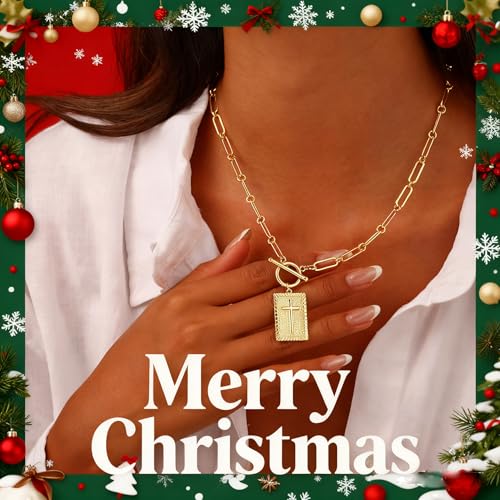 Carffordo Gold Plated Necklaces for Women - Dainty Layered 14K Gold Plated Stack Paperclip Rope Cuban Toggle Link Chain Choker Necklace Set Chunky Trendy Jewelry Gift - style: Cross-OT