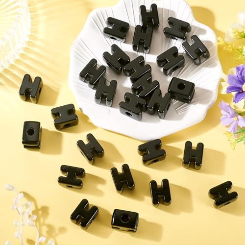 30Pcs Large Hole Letter Beads Black Acrylic European Beads 3D Letters H Chunky Bead Initial Alphabet Bead for Key Chains Bracelets Necklace DIY Craft Bag Charm Kit Arts Projects - color: Black-H