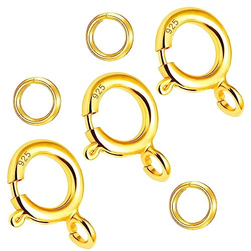 Spring Clasps Sterling Silver with Open Jump Rings Gold Necklace Clasps and Closures for Jewelry Making,Made in Italy - color: 3gold, size: 0.31inch