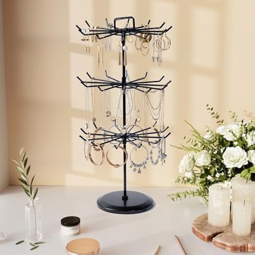 3 Tier Rotating Jewelry Stand with Adjustable Height, Necklace Holder Display Stand with 36 Hooks, Metal Jewelry Tree Organizer for Bracelets, Keychain Display, Jewelry Display for Vendors