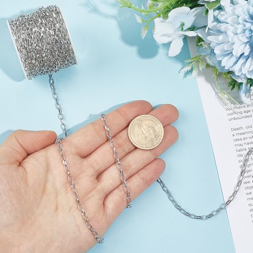 16.4 Feet/5M Stainless Steel Cable Chain Roll with Plastic Spool Silver Oval 7 x 4mm Textured Soldered Jewelry Link Chain Connectors for Jewelry Making Necklaces Bracelets DIY Crafts