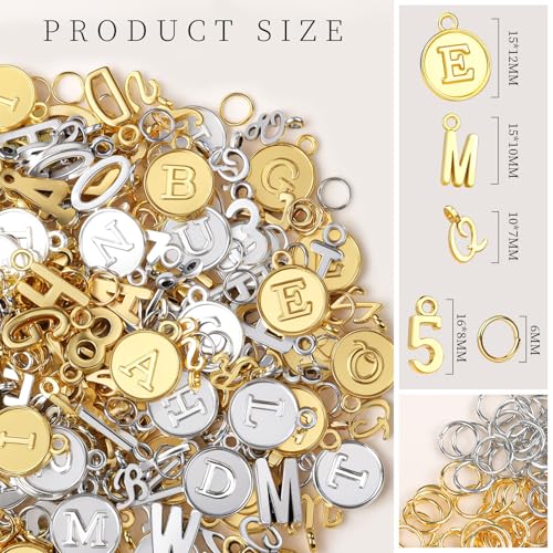 LEOBRO Letter Charms, 376 Pcs Gold & Silver Charms for Jewelry Making, Necklace, Bracelet, Jewelry Making Supplies, with Jump Rings - color: Gold & Silver
