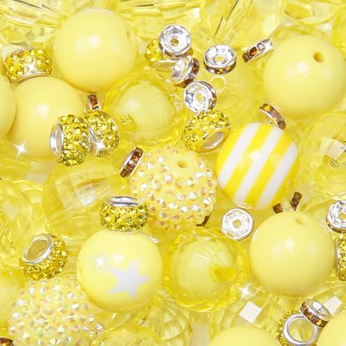 106Pcs 20mm Beads for Pens Making with Rondelle Spacer Beads Yellow Acrylic Focal Bubblegum Bead Crystal Round Sparkly Chunky Bead for Pens Beadable Keychain Necklace DIY Craft Jewelry Making Supplies - color: Yellow