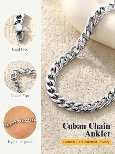 U7 Women Girls Barefoot Jewelry 18K Gold or Rose Gold Stainless Steel Heart/Rope/Figaro/Cuban Chain Anklet Foot Bracelet, 25-30 CM Long - color: Stainless Steel-5mm-Curb Chain