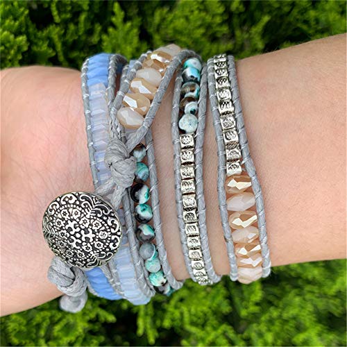YGLINE Women Boho Handmade Natural Stone Crystal Leather Bead Wrap Bracelets Collection - color: Opal-5w