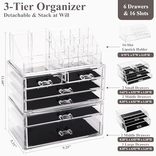 Sea Team 3-Layer Stackable Clear Makeup Organizer with Drawers, Acrylic Plastic Cosmetic Display Case, Jewelry Storage Box for Dresser, Bathroom, Vanity, Countertop (6 Drawers, 1 Lipstick Holder) - size: 6 Drawers, 1 Lipstick Holder