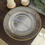 8" Salad Plates - Set of 20 - Plastic Clear Gold Round Disposable Dessert Appetizer Plate Beaded Rim, Ideal for Dinner Party Wedding Bulk Events - color: Clear/Gold, size: 8" Salad Plate, 20 Pack