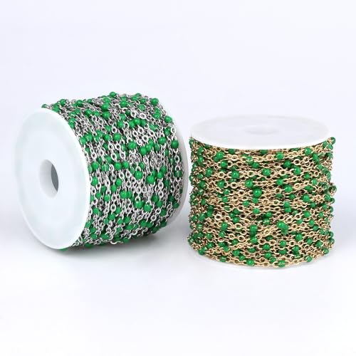 33 Feet Stainless Steel Enamel Chains Bulk, 2mm 304 Stainless Steel Green Enamel Beaded Cable Link Chain Roll Spool for Jewelry Making - color: Stainless Steel Green Beads