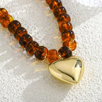 Gold Heart Pendant Necklaces for Women Colorful Acrylic Resin Beaded Choker Necklace Fashion Chunky Statement Beaded Heart Necklace - color: Brown
