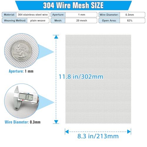 Valchoose Soft 304 Stainless Steel Mesh, 8 Pack Bendable Woven 8.3"X11.8"(213X302mm), 20 Mesh Non-Rusting, Wire Mesh Easy to Work, Non-Corrosive for DIY, Vent, Cage, Garden, Window (Plain Weave) - size: 8.3"X11.8"(213X302mm)