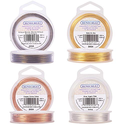 BENECREAT 4 Rolls 20-Gauge Tarnish Resistant Silver/Gold/Copper/Antique Bronze Coil Wire, 132-Feet/44-Yard in Total - color: Silver/Gold/Copper/Antique Bronze