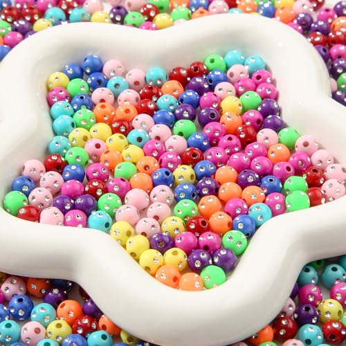 8mm Acrylic Beads 600pcs Rhinestone Spacer Bubble Bead Plastic Crafts Bead for DIY Necklaces Bracelets Earrings Jewelry Making (Rhinestone) - color: blue&red&pink