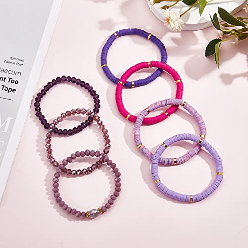 Ornaland 7Pcs Handmade Polymer Clay Heishi Surfer Stretch Bracelets Set Colorful Glass Beads Bracelets Boho Stackable Preppy Bracelets Wrist Jewelry for Women - color: Purple
