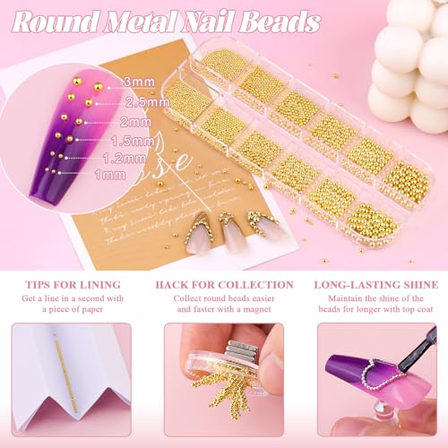 1-3MM Mini Small Nail Beads Metal Caviar Beads Gold Nail Charms and Gems Ball, Nail Balls for Nail Art Accessories Supplies Gold Rhinestones for Women Manicure - color: 13 Small Gold Nail Beads