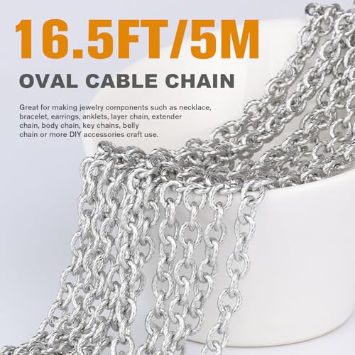 16.5 FT Stainless Steel Textured Rolo Cable Chains Roll, 5mm 304 Stainless Steel Circle Cable Link Chain Bulk Spool for Jewelry Making DIY Craft - color: Stainless Steel, size: 5mm width