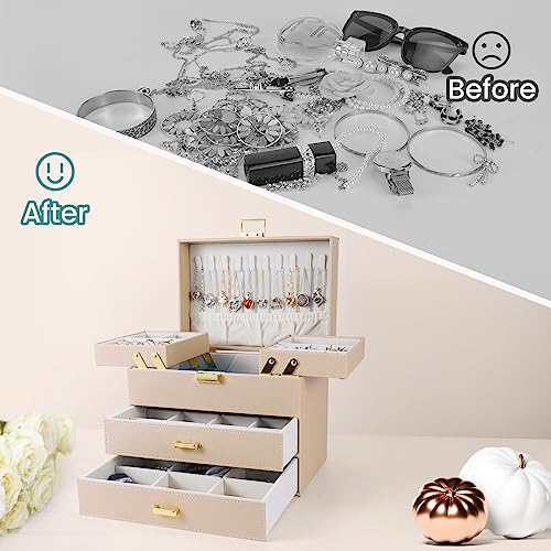 Dajasan Jewelry Organizer Box, Jewelry Holder Organizer Box, PU Leather Jewelry Box, Gift Idea for Valentine's Day, Birthday, Mother's Day, Christmas (Champagne) - color: Champagne + Gold