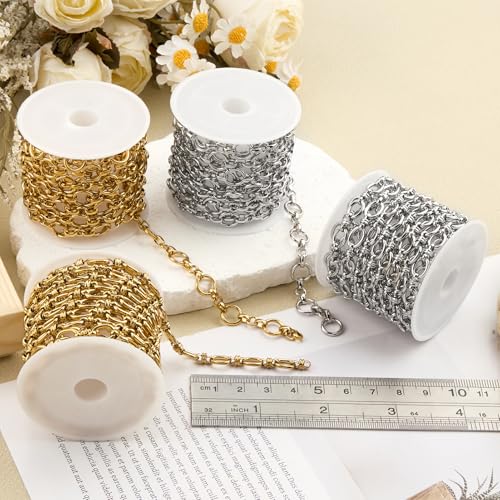SMYHTGLIF 6.5 Feet Gold Stainless Steel Rolo Chain Bulk for Jewelry Making Oval Circle Chain Spool with Jewelry Making Supplies Findings - color: Cable Gold