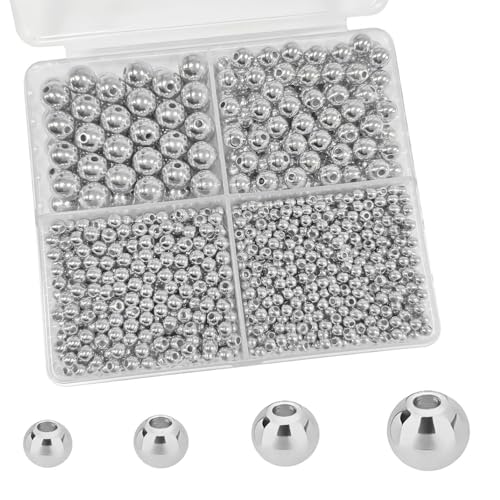 1680pcs Silver Round Spacer Beads 3/4/6/8mm 4 Size Smooth Ball Beads for Jewelry Making Metal Circle Bead for Bracelet Necklace Earring Making Supply - color: silver