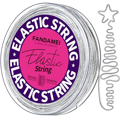 FANDAMEI 1.2mm Elastic String, Metallic Silver Stretch Cord for Craft Gift Jewelry Making, Elastic Cords Ribbon for Hair Braids, Elastic String for Bracelets, Beading Cord Stretchy Christmas Craft DIY - style: B-Silver