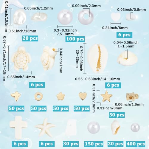 SUNNYCLUE 1 Box 1000Pcs Ocean Beads Kit Shell Beads Seashell Charms Summer Hawaii Sea Turtle Starfish Plastic Imitation Pearl Loose Spacers for Jewelry Making Kits Bracelets Necklace Earrings - style: Style 2