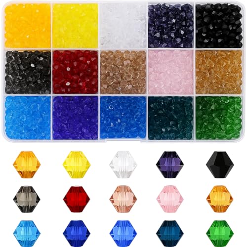 Mandala Crafts 15 Assorted Colors 4mm Bicone Crystal Beads for Crafts – 3000 Loose Faceted Glass Beads for Jewelry Making Spacers, Adult Bracelets, Necklaces, Earrings & Suncatchers - color: 15 Assorted Colors, size: 4mm Bicone