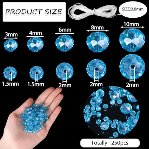 Song Xi 1250PCS 5 Different Lake Blue Crystal Beads for Jewelry Making, Rondelle Glass Beads for Bracelets Necklace, Earring and Making Supplies, Arts and Crafts, AB Color (3/4/6/8/10mm) - color: AB Lake Blue