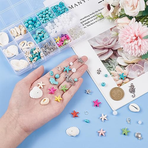 PH PandaHall Ocean Jewelry Making Kit - Starfish, Seashell, Synthetic Turquoise, Tortoise, Fish, Cowrie Shell Beads for Summer Beach Necklace, Earring, Bracelet, Anklet Jewelry Making (406pcs) - color: Colorful