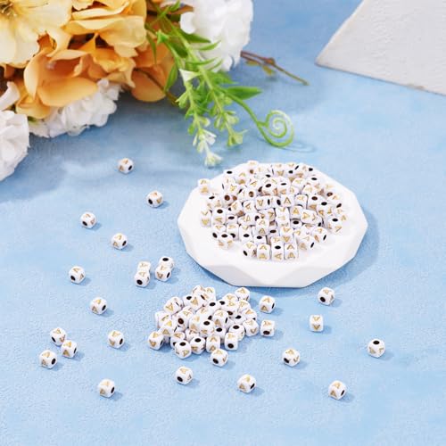 FASHEWELRY 500Pcs White Golden Letter Beads 4.5mm Square Alphabet Beads Acrylic Cube Letter A Beads for Friendship Bracelet Necklace Keychains Jewelry Making - color: Letter A