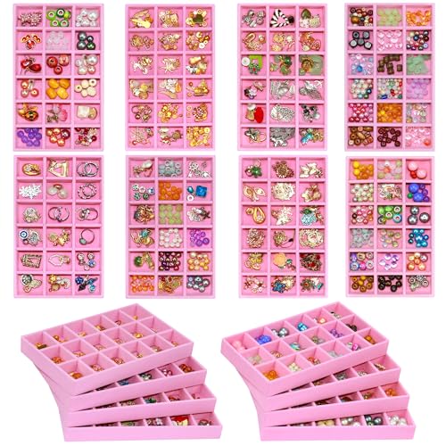 8 Pack Jewelry Organizer Tray, Stackable Velvet Jewelry Storage Box 18-grid Earring Holder Dresser Drawer Organizer for Earring Necklace Ring, Total 144 Grids - color: Pink