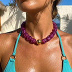 Mchic Colorful Beaded Choker Necklace for Women: Boho Large Square Acrylic Beaded Necklace Stainless Steel Adjustable Surfer Beach Strand Necklaces Summer Handmade Jewelry Gift for Women - color: Purple