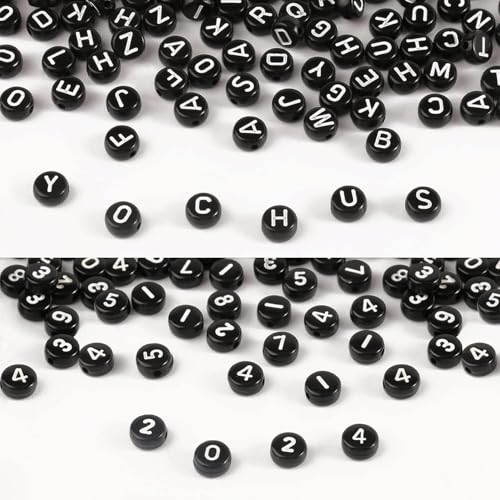 1000pcs Black Mixed Round Acrylic Letter Beads 4x7mm White Alphabet Number Beads for Jewelry Making and DIY Bracelets - color: Black/White Letter&Number, size: 4x7mm