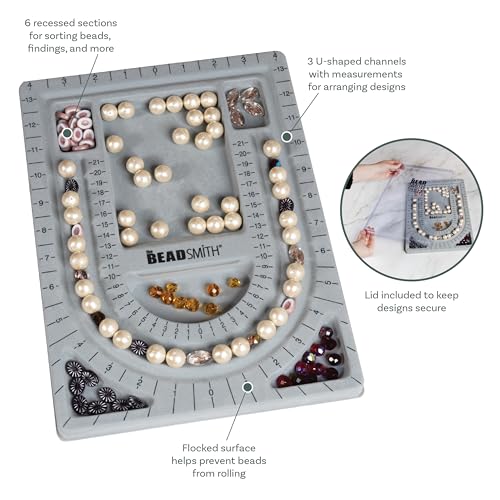 The Beadsmith Bead Board with Cover, Grey Flocked, 3 U-Shaped Channels, 6 Recessed Compartments,13.25H x 9.75L inches, Design Boards for Creating Bracelets, Necklaces and Other Jewelry - size: 28" - U Channel w/ Cover