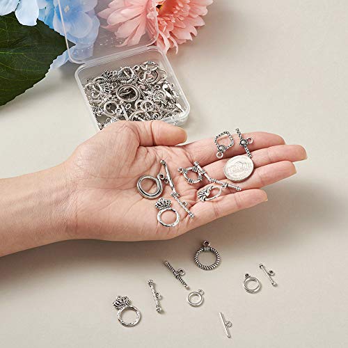 Craftdady 40 Sets Antique Silver Round Ring Toggle Clasps 8 Styles Tibetan Metal Closure End Clasps with T-Bar Connectors for Craft Bracelet Jewelry Making - color: 8 Styles,Antique Silver