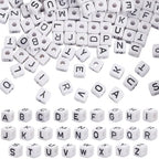 1 Box 10MM 208PCS 26 Styles Square Acrylic Alphabet Bead with Large Hole A to Z White Cube Shaped Loose Spacer Beads Bulk for Jewelry Making Christmas Holiday Party Gift Adult DIY Craft