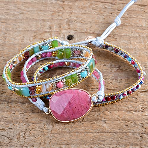 YGLINE Women Boho Handmade Natural Stone Crystal Leather Bead Wrap Bracelets Collection - color: Rhodochrosite 2-3w