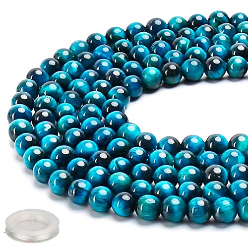 70PCS Natural 8MM Healing Gemstone, Blue Tiger’s Eye Energy Stone Round Loose Beads, Semi-Precious Crystal Beads with Free Elastic String for Jewelry Making DIY - color: Blue Tiger’s Eye, size: 8MM