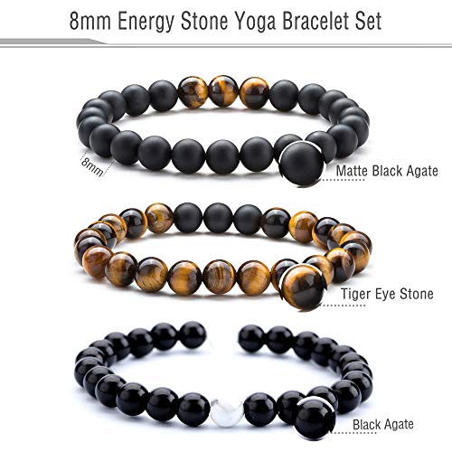 Hamoery Men Women 8mm Tiger Eye Stone Beads Bracelet Elastic Natural Stone Yoga Bracelet Bangle - color: B-3 Pcs Set 2-21003