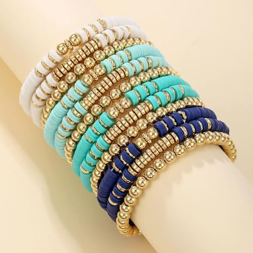 12pcs Friendship Bracelets Beaded Bracelets Heishi Bracelet Cute Bracelets Stack Vinyl Clay Disc Bead Surfer Stretch Summer Beach Bracelets For Women Preppy Bracelets - color: B-color 5