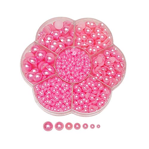 Chenkou Craft Random 1900pcs Fuschia Assorted 7 Sizes(3/4/5/6/7/8/10mm) Half Pearl Bead Flat Back Gem Scrapbook Craft DIY Loose Beads + Plastic Box (Fuschia) - color: Fuschia