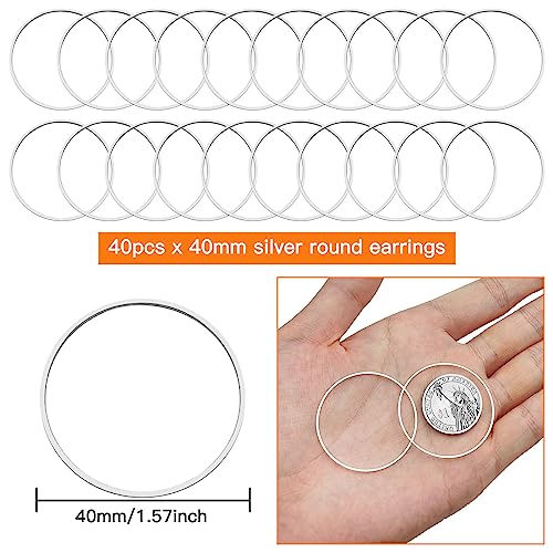 40pcs Earring Hoop for Jewelry Making 40mm Beading Hoop Earrings Earring Finding Hypoallergenic Round Earrings Beading Hoops Bulk Open Bezel Pendant Frame for DIY Crafts Women Gifts(Silver) - color: 40pcs;40mm;Silver
