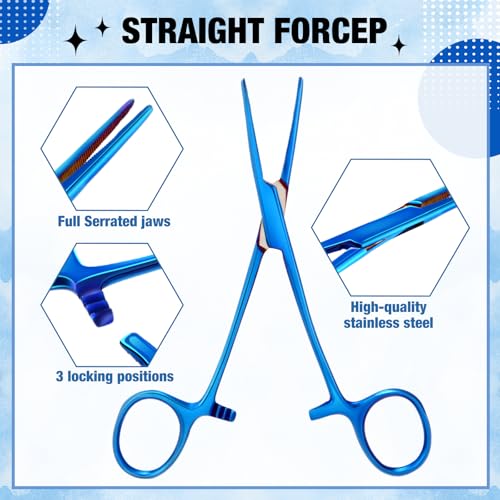 BBTO Hemostat Curved and Straight Hemostat Forceps Piercing Pliers Forceps, Stainless Steel Straight and Curved Pliers, Fishing Tweezer(Blue,2 Pcs) - color: Blue